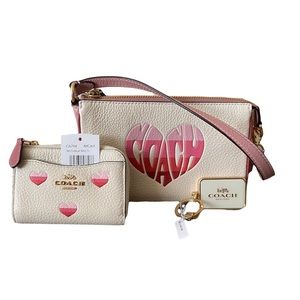 Coach Nolita 19 with stripe heart motif/ heart card case and key charm